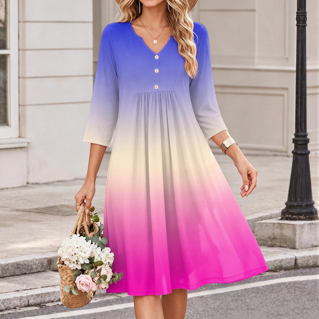Women's V Neck Casual Three Quarter Sleeve Gradient Print Dress