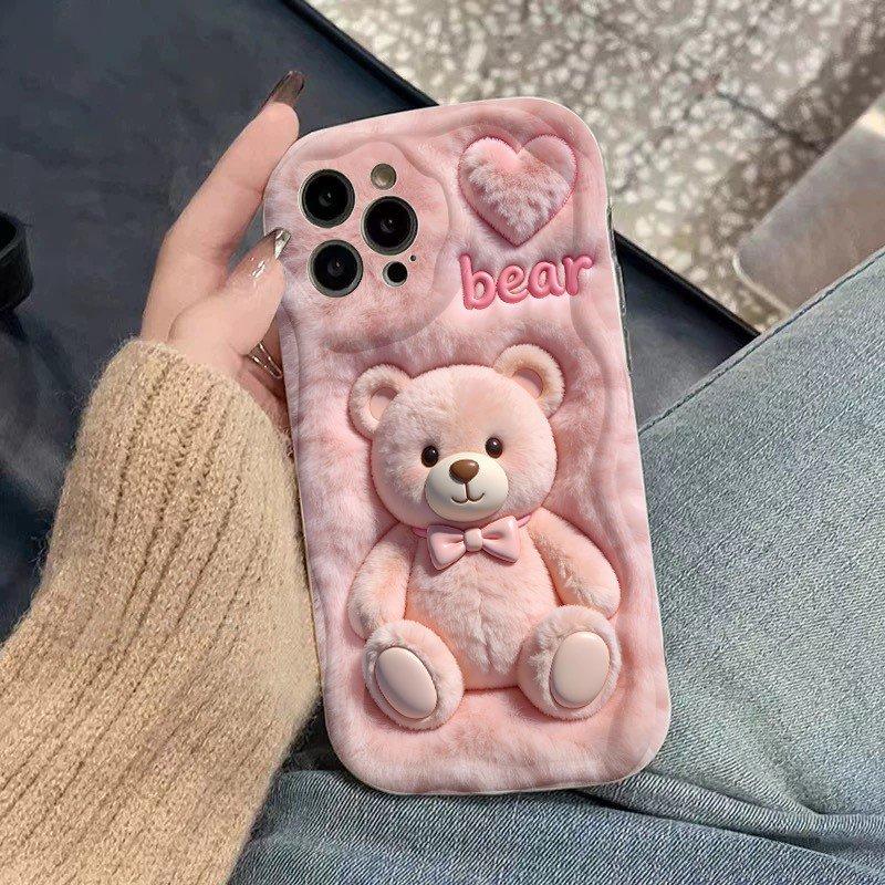 Cute Cartoon Pink Plush Bear Printed Phone Case For iPhone 17 16 Pro Max 15 14 13 12 11 Cover For iPhone Air 16E XS XR X Fundas