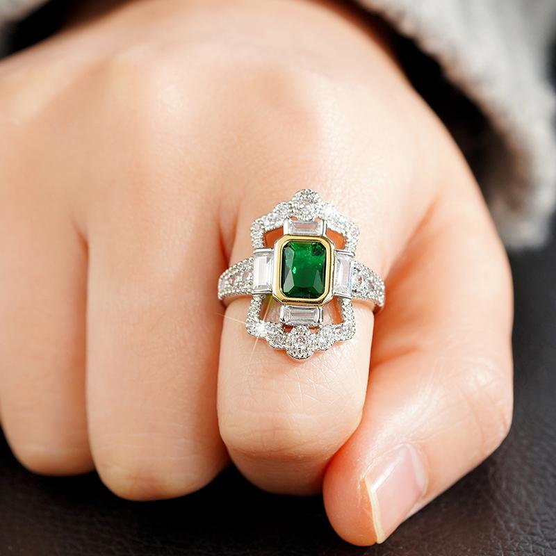 Huitan Vintage Two Tone Green CZ Finger Rings for Women Geometric Shape Hyperbole Rings Anniversary Party Retro Jewelry Dropship
