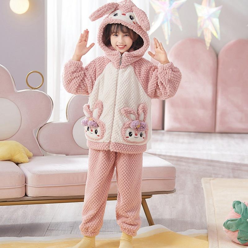 Kids Flannel Pajamas Set Boys Girls Warm Long Sleeve Top And Pants Sleepwear Winter Home Nightwear