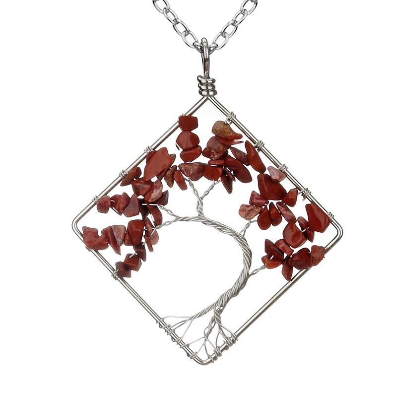 Wrapped Colorful Natural Stone Crystal Square Curved Tree Of Life Pendant Necklace N08 Fresh And Sweet