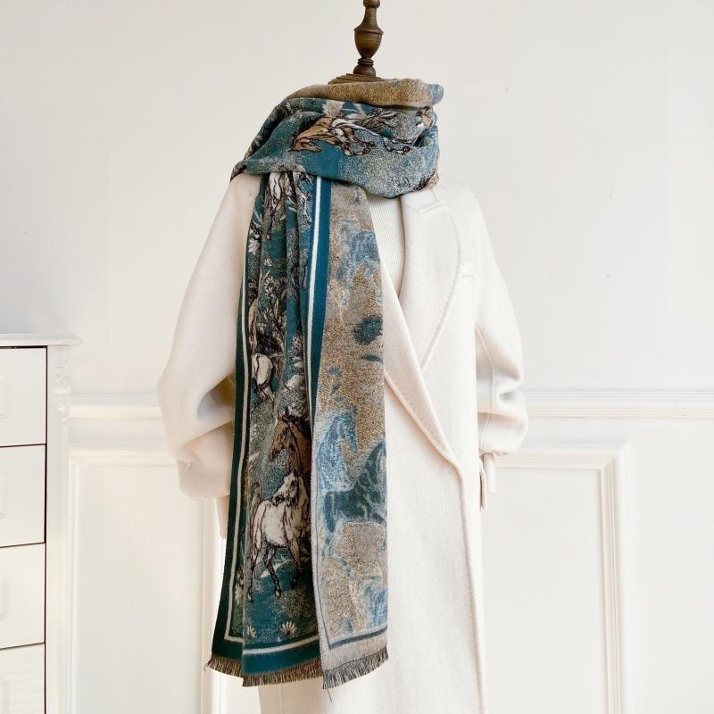 Temperament printed versatile thickened warm scarf double-sided imitation cashmere dual-purpose shawl 10,000 horses galloping scarf