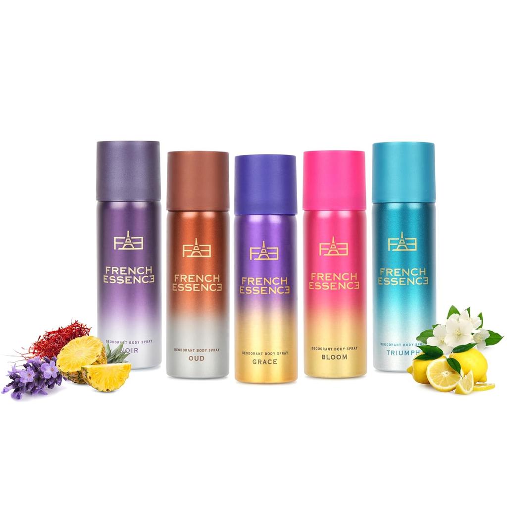 French Essence Deodorant Body Spray Combo For Men & Women Pack Of 5 X 50ml - 1.7 Fl.oz. Each