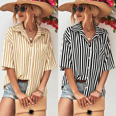 Fashion Summer Casual Short Sleeve Striped Single Pocket Women Shirt