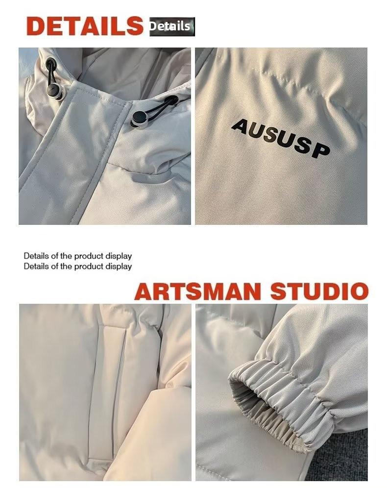 Hong Kong Style Men’s Thick Winter Stand Collar Jacket – Loose Fit, Solid Color, Printed Trendy Design