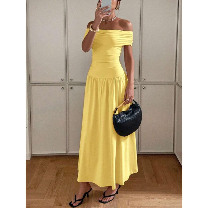 European and American Pure Desire Sexy One-word Shoulder Off the Shoulder Simple Fashion Elegant Waist Thin Dress Women