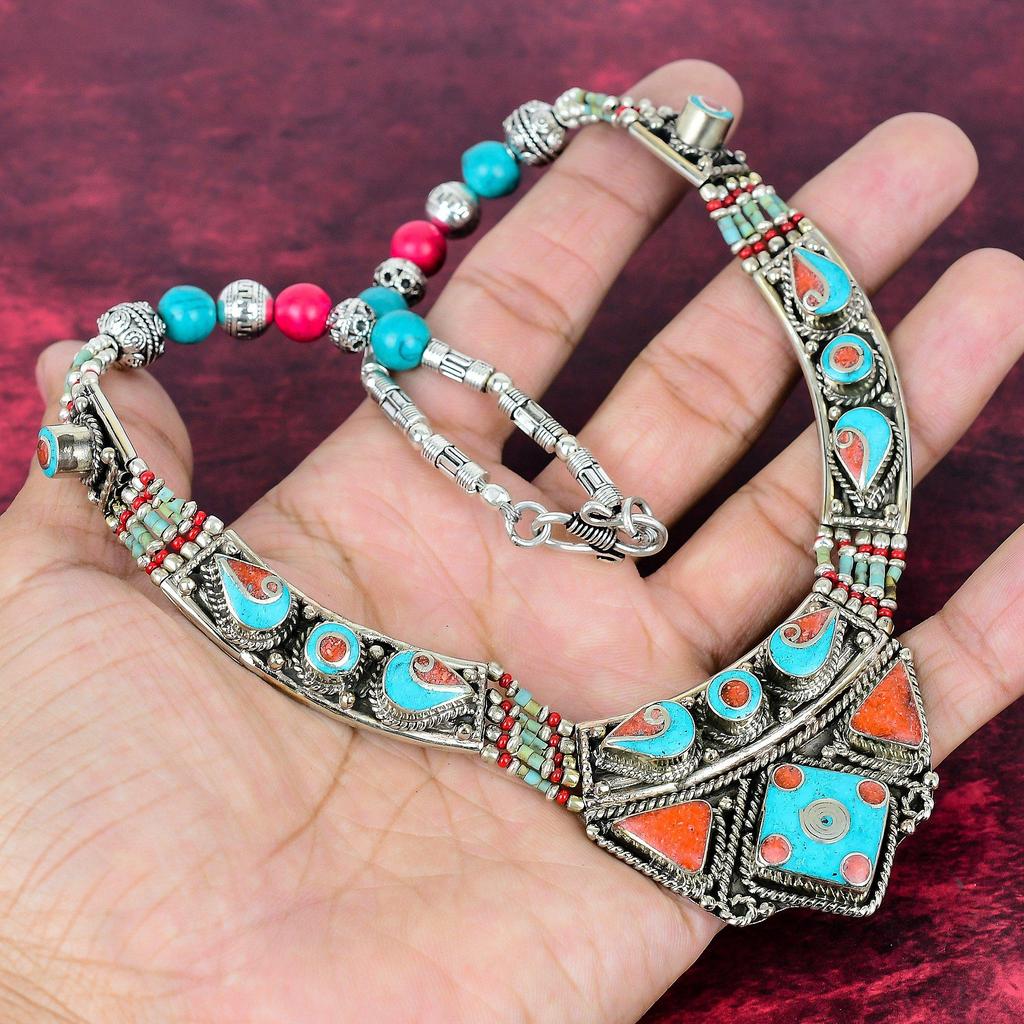 Niebieskie Turkusowe i Koralowe Kolczyki Nepalskie ze Sterlingowego Srebra 925, Ręcznie Robiona Biżuteria z Kamieni Szlachetnych, Prezenty Dla Żony, Zupełnie Nowe Kolczyki