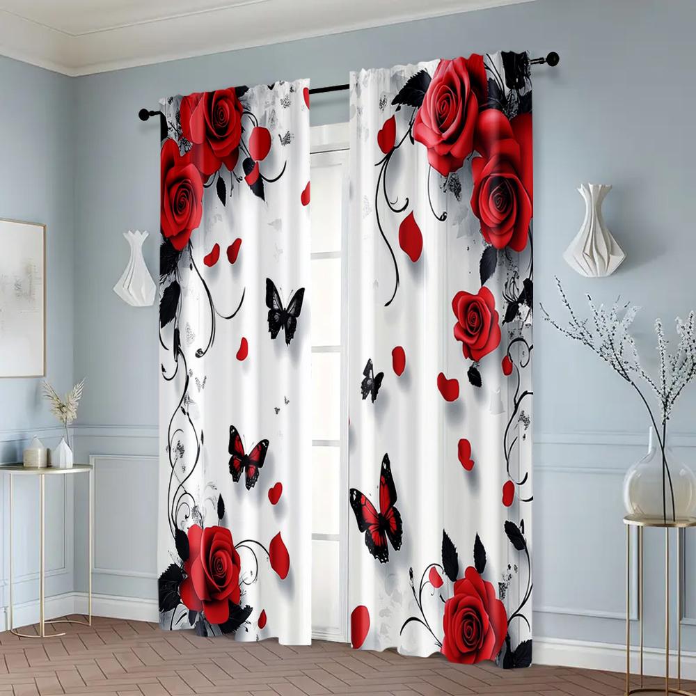 2pcs, Window Curtain 2D Print Abstract Rose Design Versatile Fabric (without Rod) Art Deco Festive Ldeal for Home Decor and
