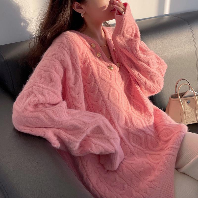 V-neck Twist Sweater Women In The Long Section of The Fall and Winter Loose Lazy Wind Gentle Pullover Knitted Tops