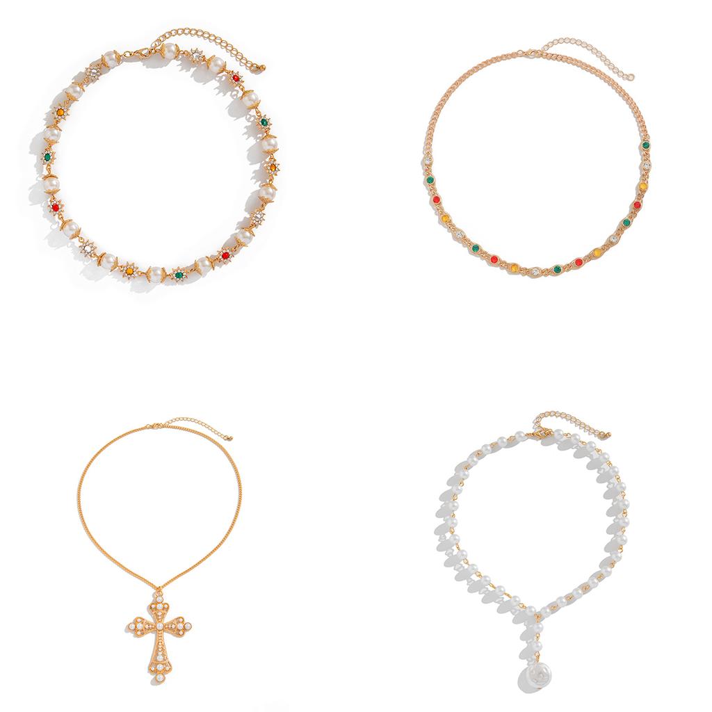 Ingemark Punk Vintage Inlaid Rhinestone Jeus Cross Pendant Choker Necklace Set Men Hip Hop Imitation Pearl Chain Grunge Jewelry