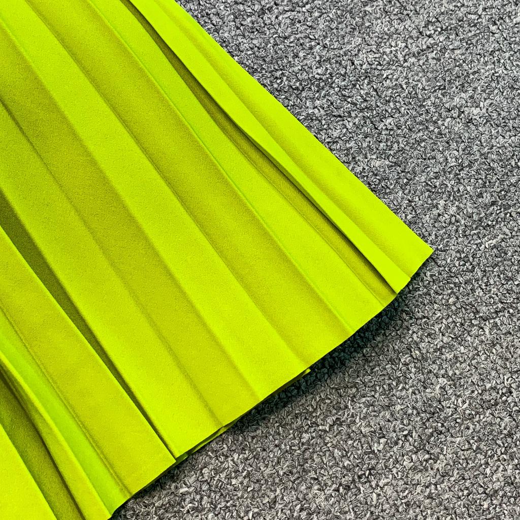 Elegant Beaded Embroidery Oversize Pleated Dress Women Summer Gradient Pink Green V Neck Ruffle Belt High Elastic Midi Dress