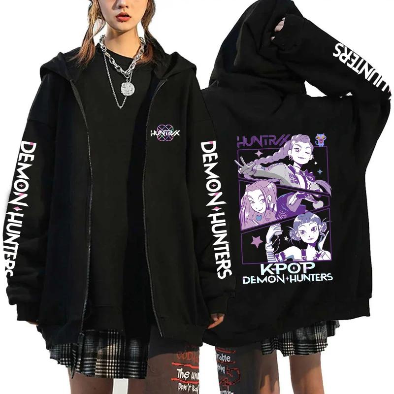 Hot Kpop Demon Hunters Printed Hoodies Hip-hop Zipper Hoodies Autumn Winter Streetwear Sweatshirt Women Men Long Sleeve Zip Coat