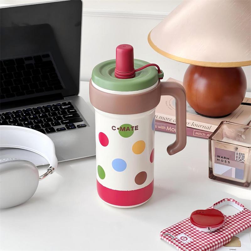 Large Capacity Cute Insulated Mug, 1000Ml Tumbler With Handle And Straw Lid, Stainless Steel Sports Water Bottle
