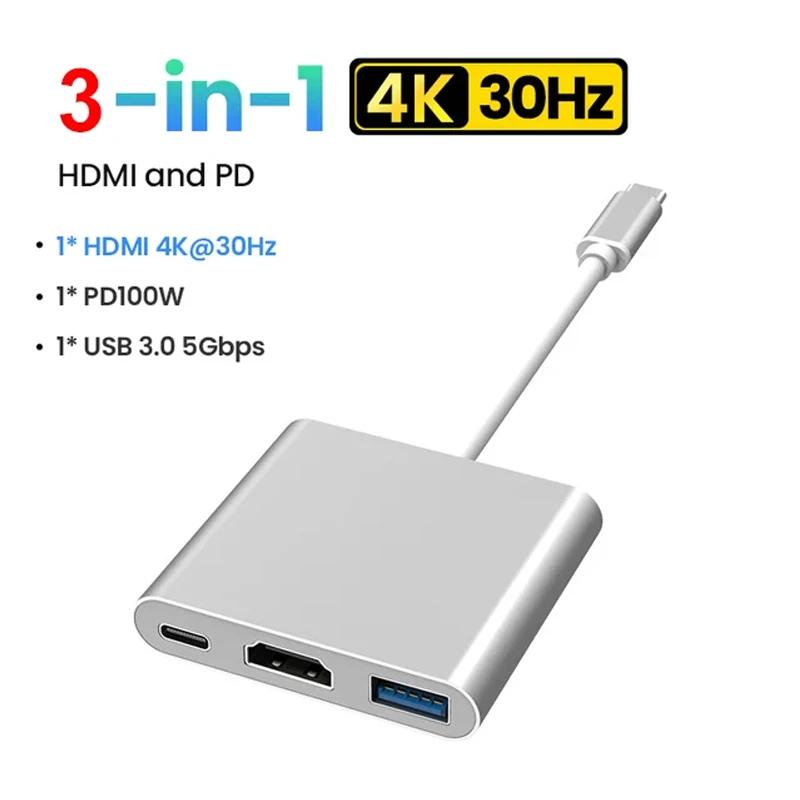 3-in-1 USB C Hub Type-C to HDMI Adapter USB-C 3.1 Splitter 4K30Hz PD100W SD TF Docking Station for MacBook iPad Pro Air USB 3.0