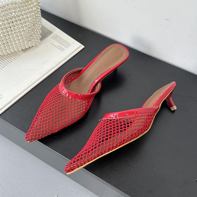 

Модные женские туфли-мюли с острым носком, из сетки, на каблуке, шлепанцы, женские шлепанцы на низком каблуке, женские шлепанцы, сандалии, туфли-лодочки, большой размер 43 41 красный