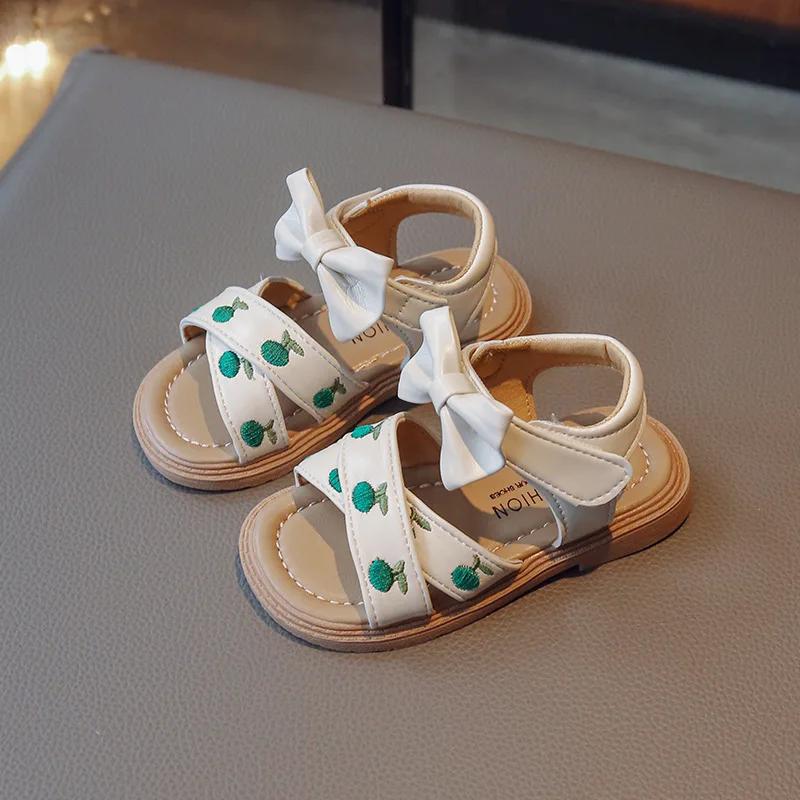 Sweet Children's Sandals Girl Summer Bowknot Fashion Kids Embroider Beach Shoes Fashion Versatile Toddlers Causal Flat Sandals