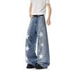American High Street Star Laser Printing Jeans Men's Loose Retro Washed Graffiti Wide-leg Pants Trendy Straight-leg Pants