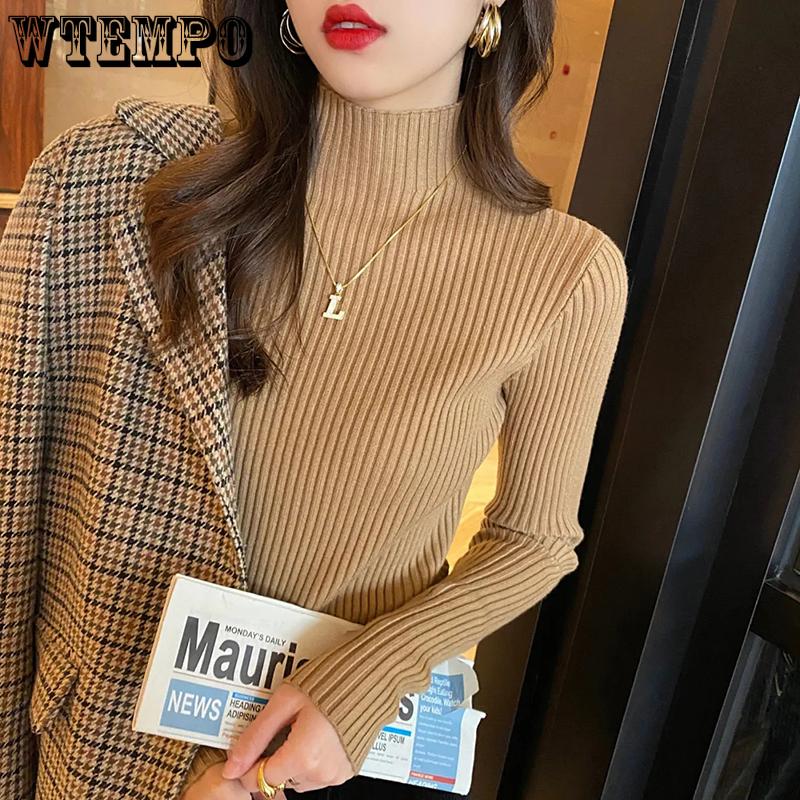 Solide schlanke Pullover Frauen gestrickte Pullover halb High Neck Langarm Topd Bottoming Shirt Jumper