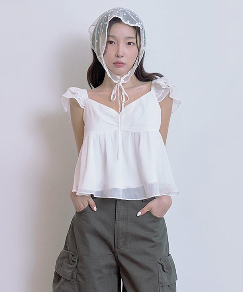 Tetemochi Shoulder Frill Shirring Blouse (Ivory)