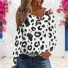 Women Plus Size Fitted Leopard Print Asymmetric Cutout Neck Cold Shoulder Long Sleeve Shirt
