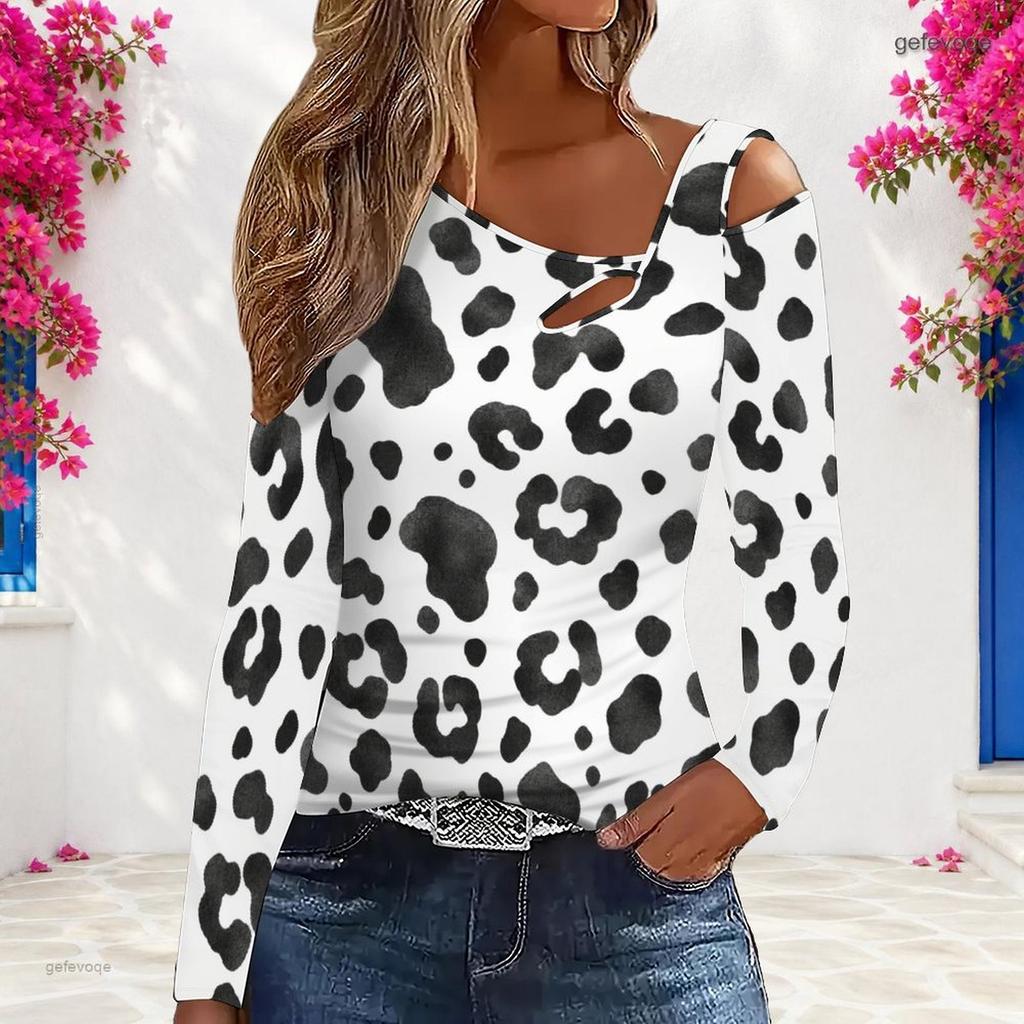 Women Plus Size Fitted Leopard Print Asymmetric Cutout Neck Cold Shoulder Long Sleeve Shirt