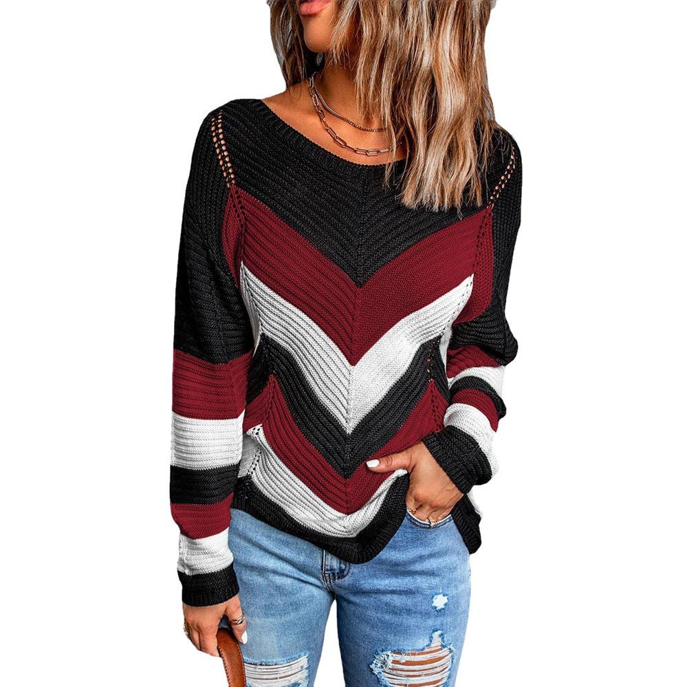 Women Jumper Loose Colorblock Sweater Long Sleeve Scoop Neck Cut Out Dropped Shoulder Casual Ribbed Knit Pullover