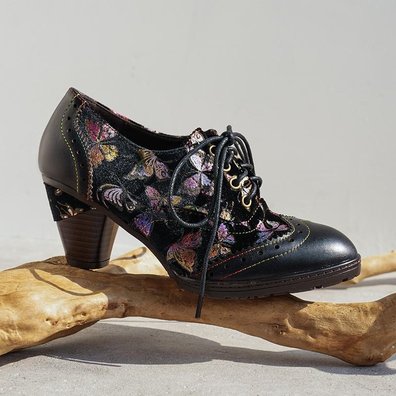Johnature Ethnic Style High-heeled Pumps Genuine Leather Patchwork Jacquard Fabric Thick Heel Women's Shoes