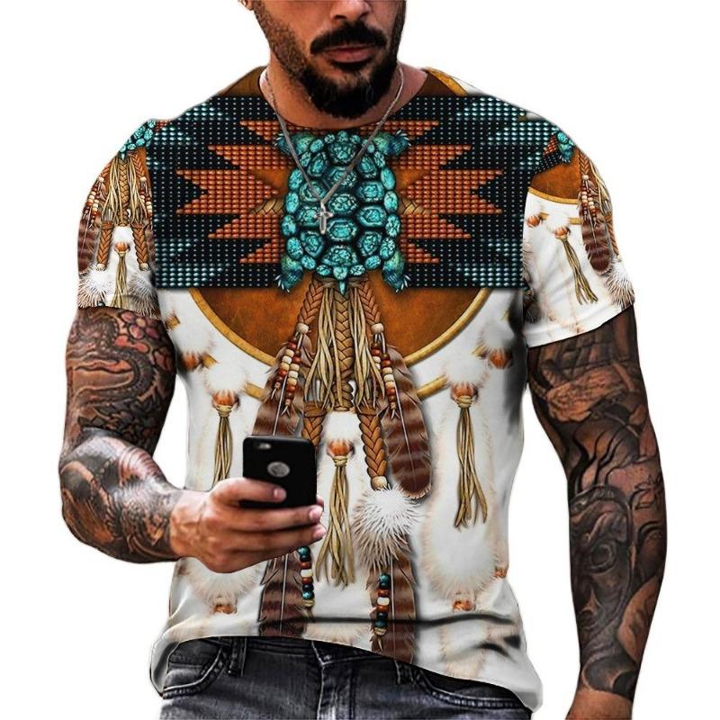 Men's Shirt Casual Harajuku T-shirt Animal Summer Retro Indian Print Men's Street Crew Neck Short Sleeve Design Large