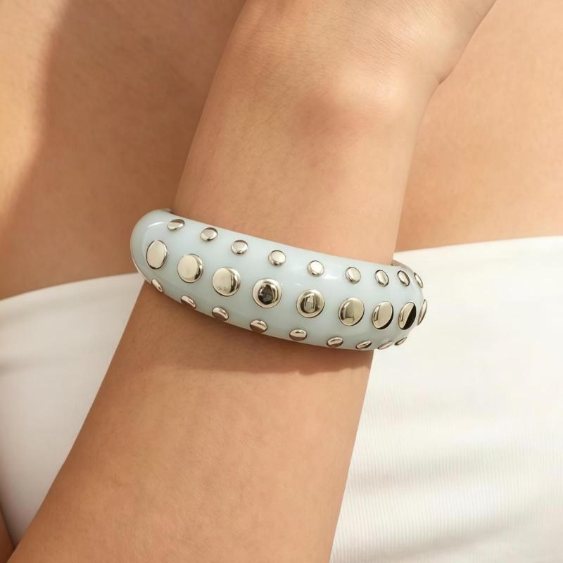 Resin Studded Ring Wide Bangle, Retro Metal Dot Statement Jewelry, Punk Y2K Bold Bracelet Ring for Women Party Daily Outfit