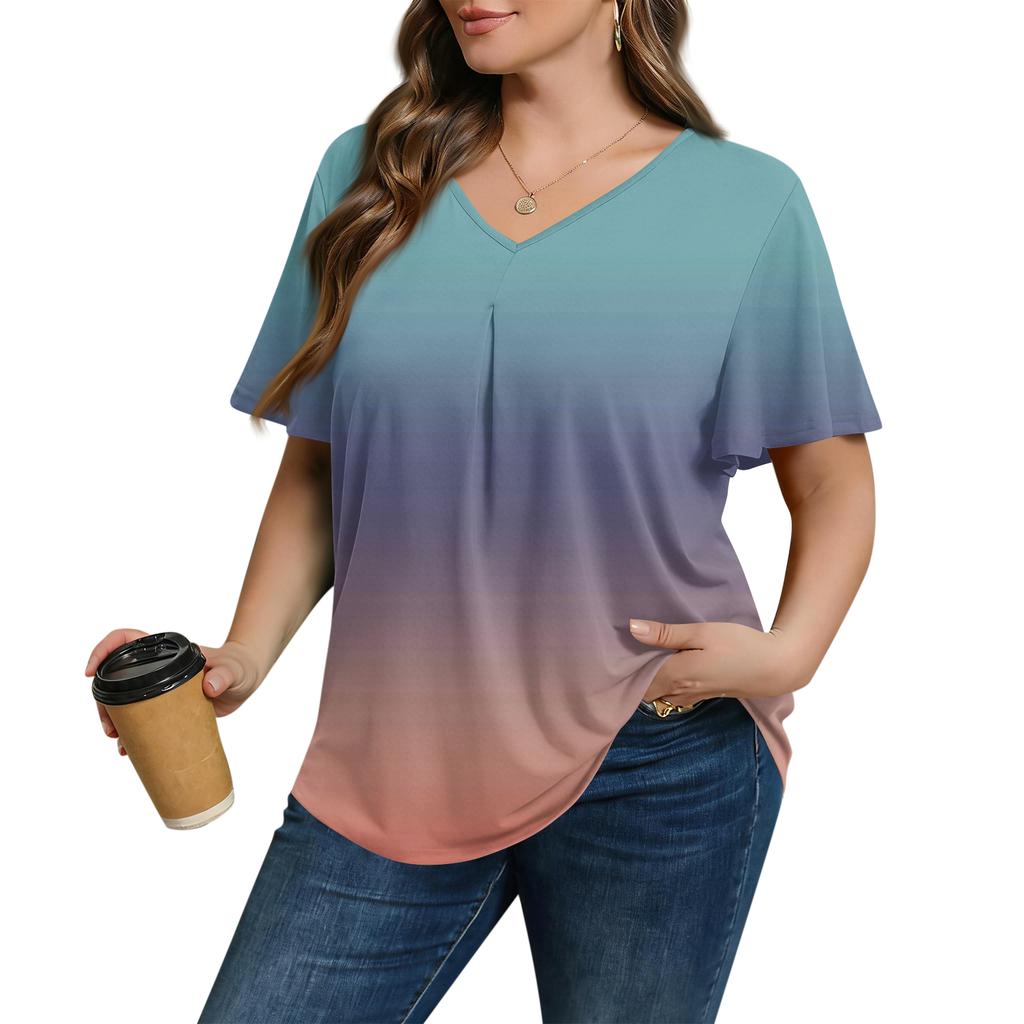 Damska Modna Codzienna Luźna Bluzka Plus Size z Krótkim Rękawem Elegancka z Dekoltem V Do Pracy