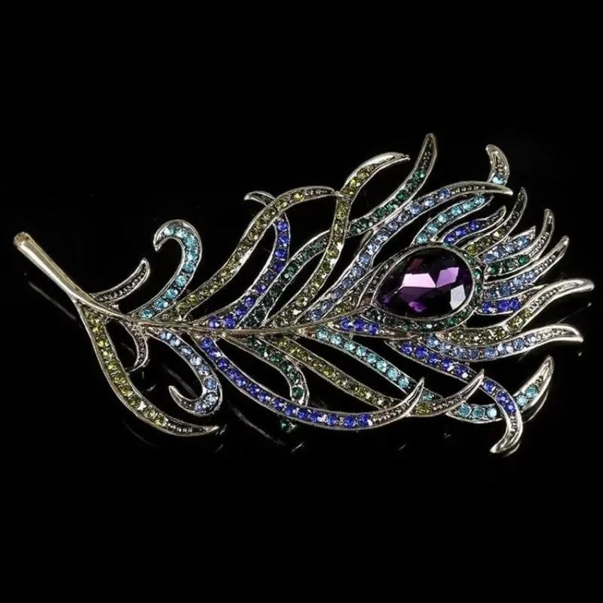 Metal Fashionable Brooch with Diamond Embellishments Retro Feather Shaped Brooch Fashionable QipaoScarf Accessories Jewel Brooch