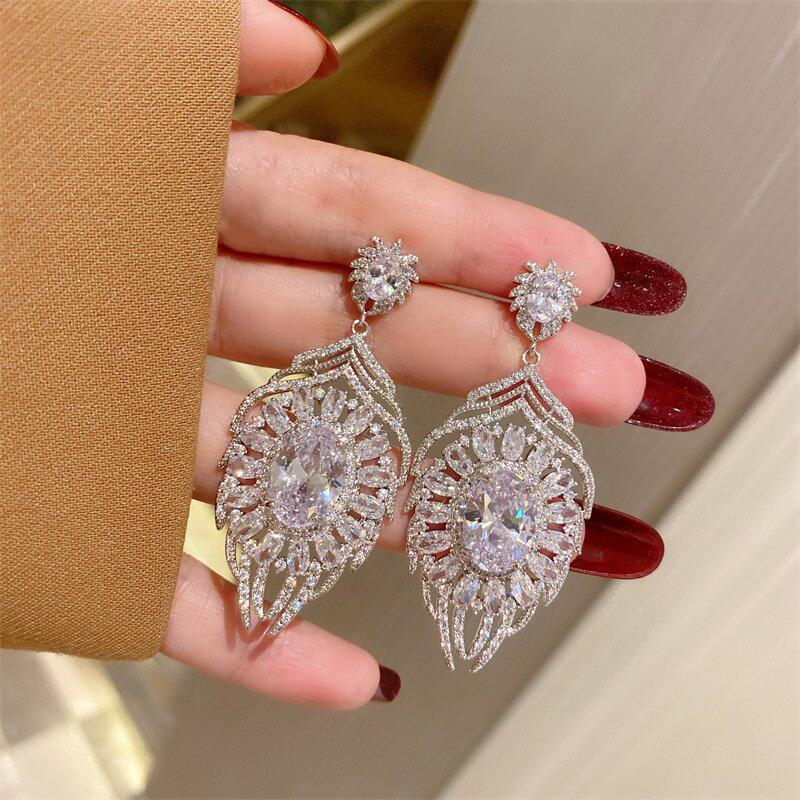 Light luxury heavy industry full diamond zircon earrings, oval cut dinner party style long bride earrings