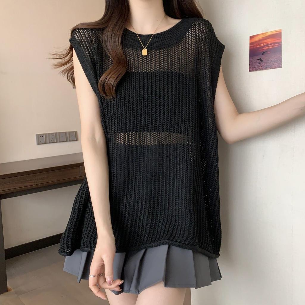 Hollow Knit Vest for Summer Mid To Long Style Paired with Round Neck Sleeveless Vest and Camisole Top for Outerwear