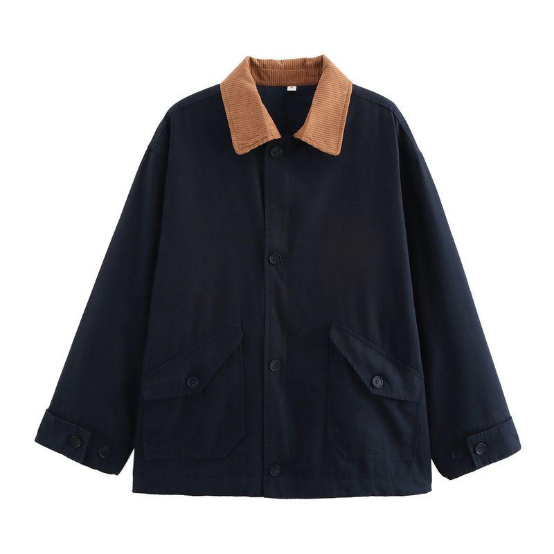 

Kaslead New Arrival Women s Clothing Fashion Style Stylish Simple and Versatile Button Decoration Long Sleeves Cotton Jacket Navy L