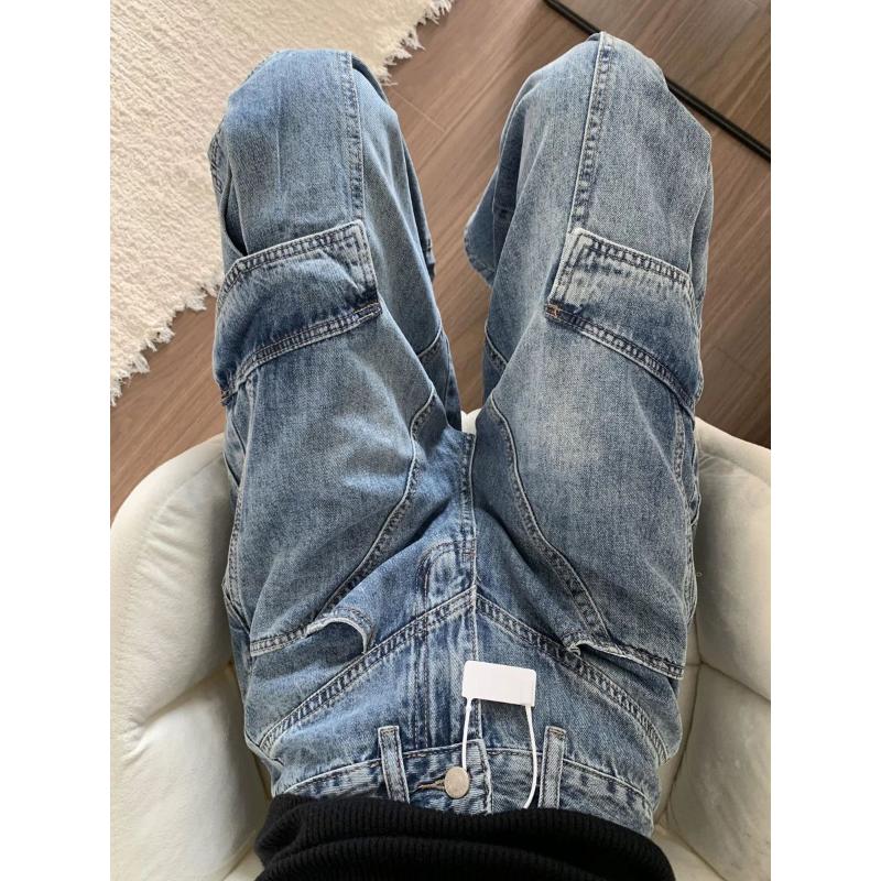 Neue Amerikanische Retro Weitbeinjeans Hohe Taille Schlankmachend Mehrfach-Taschen-Design Locker Vielseitig Arbeitshose