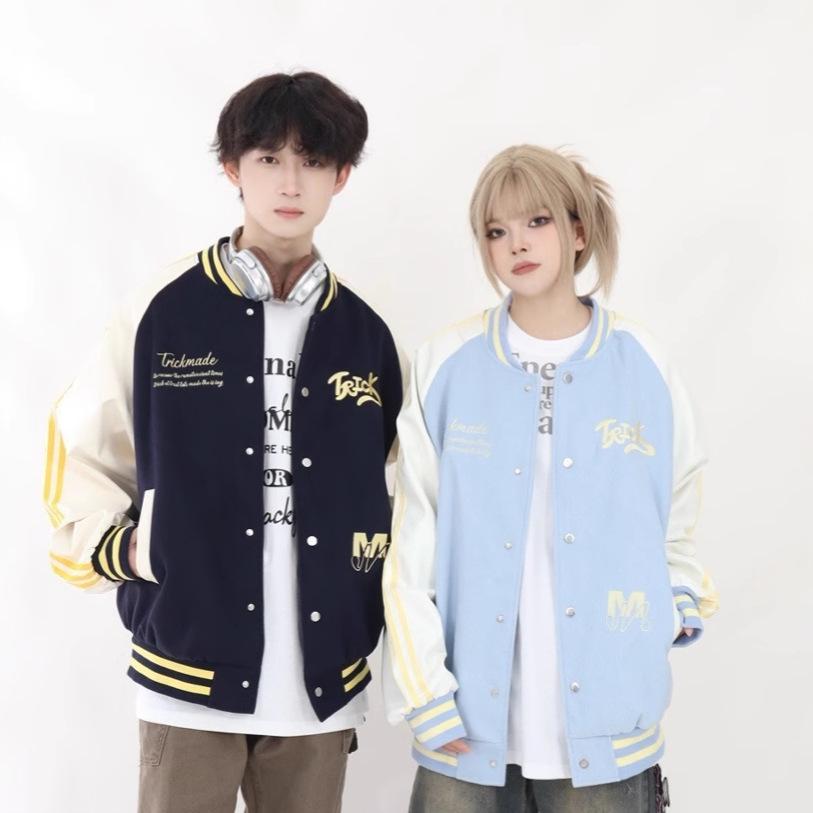 

Trendy Unisex Color Block Three Stripes Baseball Jacket - Casual Spring/Autumn Outerwear for Couples Medium вершковий/синій