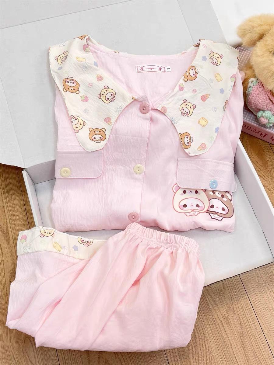 New pink easy bear pajamas women s summer doll collar short-sleeved shorts cardigan two-piece loungewear S