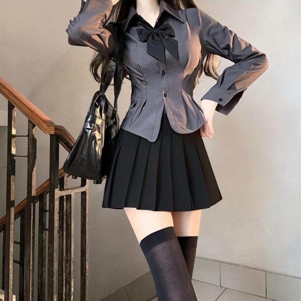 Sivrusn High School Girl Uniform Cosplay Pleated Long Sleeve High Costume for Perfect for Entrance School and Cultural Size S Set, Skirt, Bowknot,