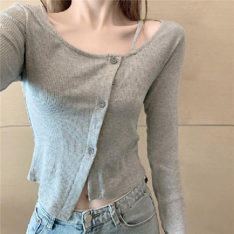 Irregular Short T-shirt Womens Autumn Clothes Updated Inner Long-sleeved High-waisted Slim-fit Top M