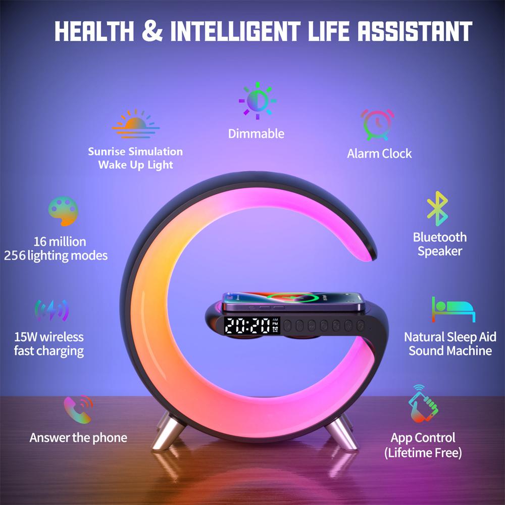 Multifunctional Alarm Clock Speaker RGB Table Lamp Ambient Light Wireless Charger APP Control LED Night Light Charging