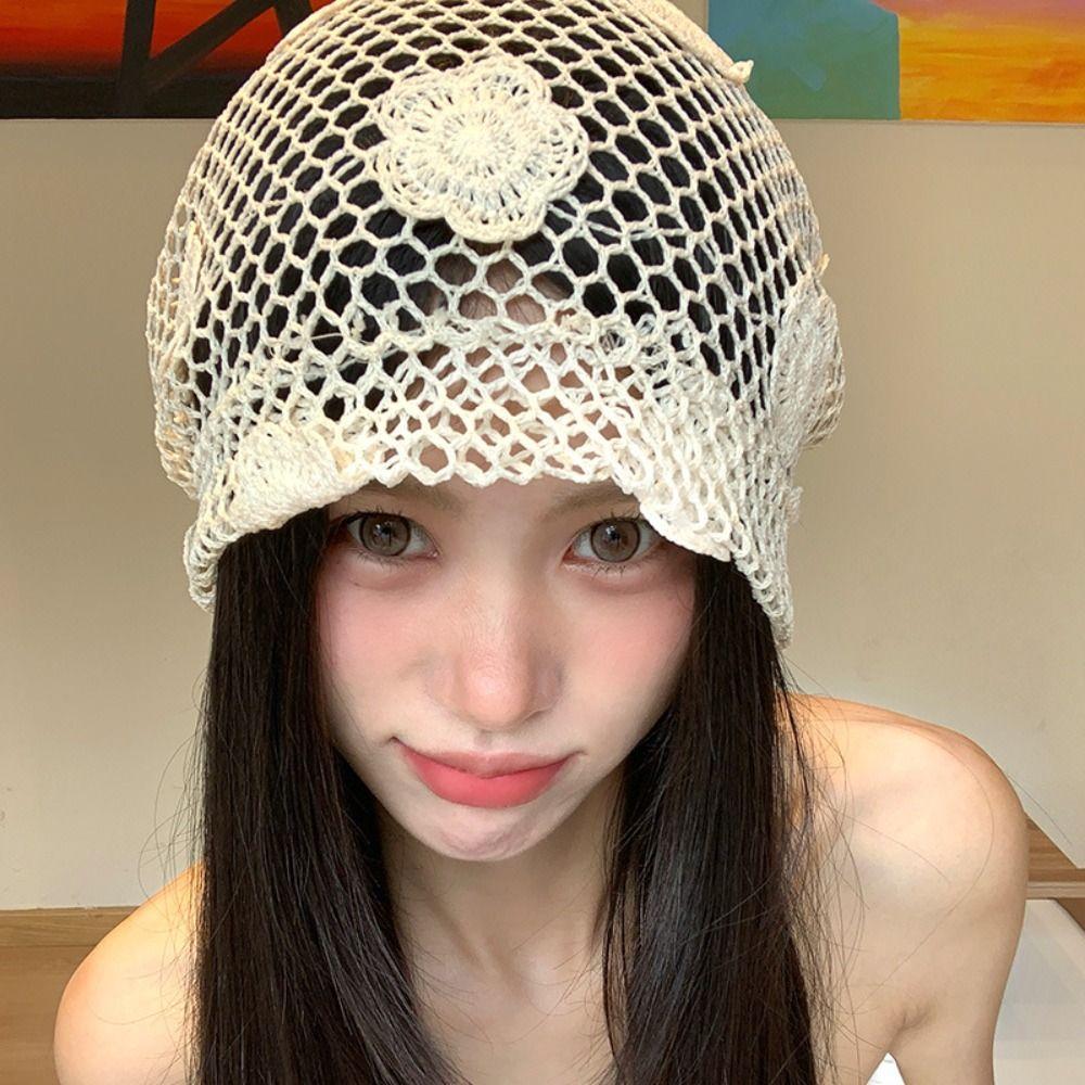 Cute Lace Beanies Hat Handmade Flower Knitted Hat Retro Weave Cap Apparel Accessories