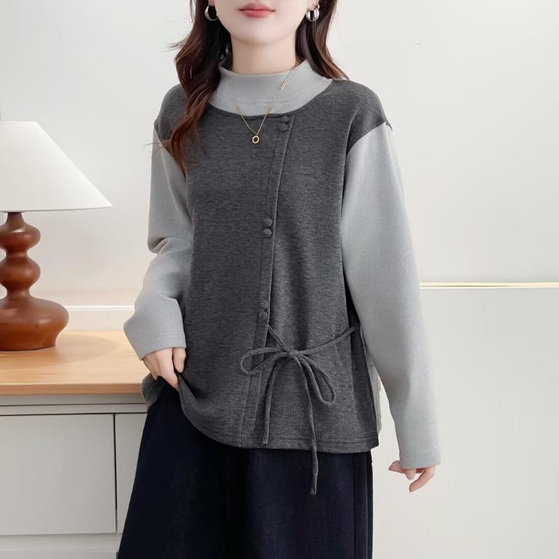 

Autumn and Winter Large Size Korean Style Fashionable Color Matching Lace-up Bottoming Shirt 4XL