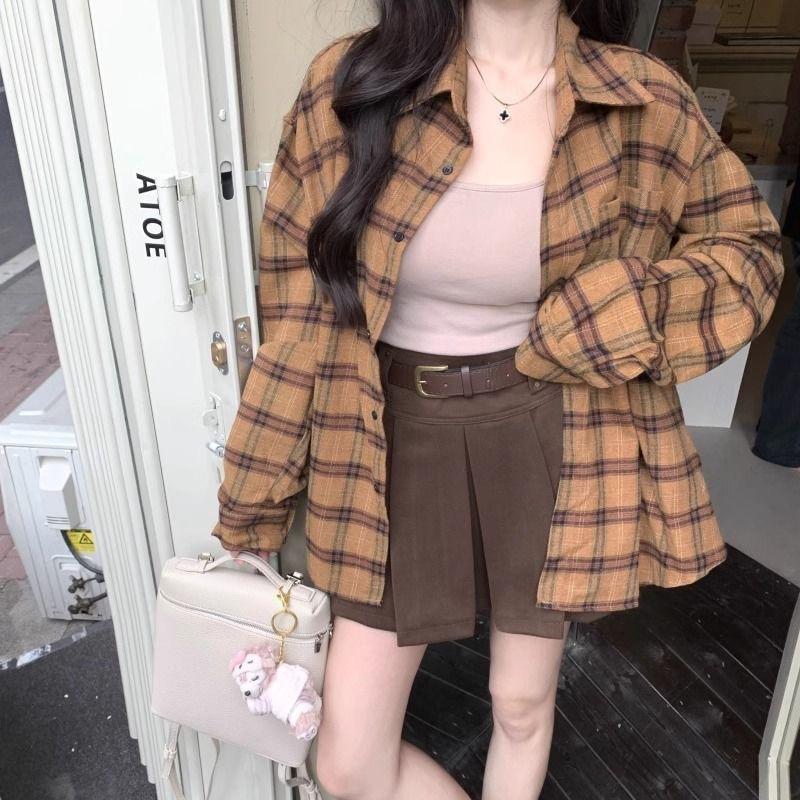 Women's 2026 Early Spring Retro Yellow Plaid Loose Shirt Jacket