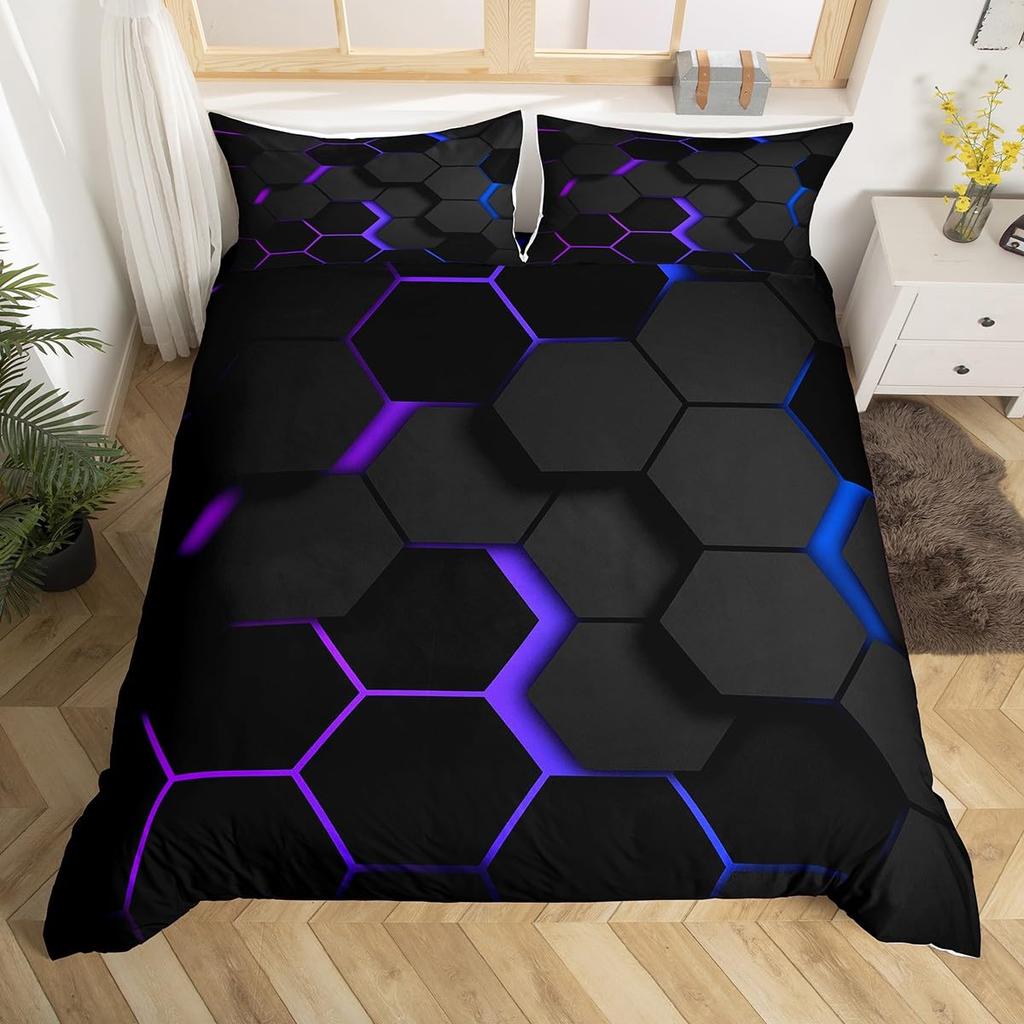 Geometry Hexagon Duvet Cover Navy Blue Comforter Cover Watercolor Honeycomb Abstract Tie Dye Bedding Set Microfiber Quilt Cover