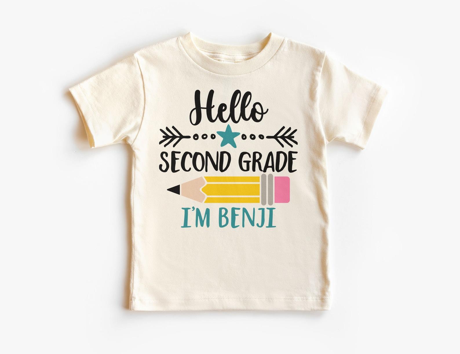 Personalized Hello Second Grade Boys Shirt, Custom Childs Name Pencil Star Tee, Back To School 2nd Grade Outfit, Unisex Youth Kids Clothing 140