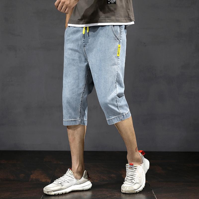 Summer Thin Five Quarter Denim Shorts Men's Seven Quarter Pants Loose Straight Leg Drawstring Elastic Waist Shorts