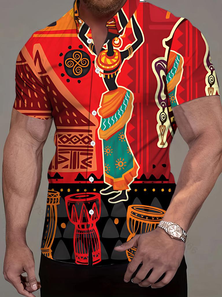 Plus Size Short Sleeve Shirt Men's Fashion Trend Pattern Digital Print Short Sleeve Shirt African Elements Bright Style Illustration Fashionable and
