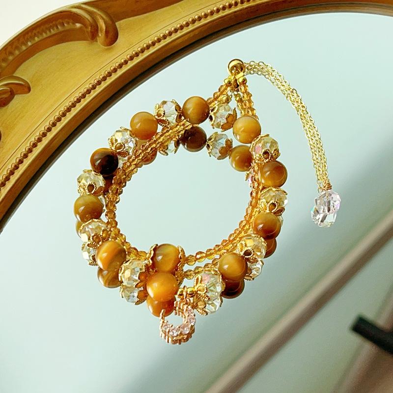 Natural tiger eye stone Golden tiger eye double circle stacked bracelet Women's niche light luxury exquisite