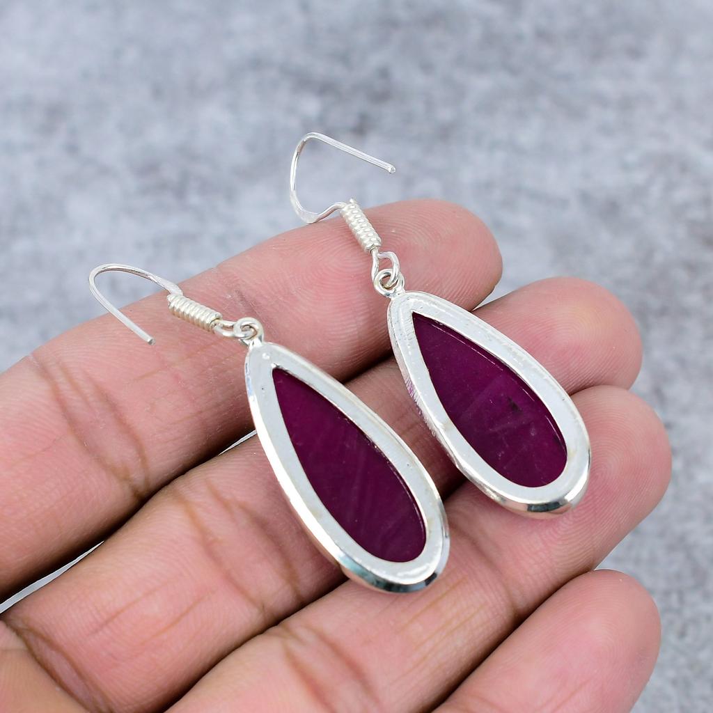 Red Jade Gemstone Handmade 925 Sterling Silver Jewelry Earring 2.36" M-356