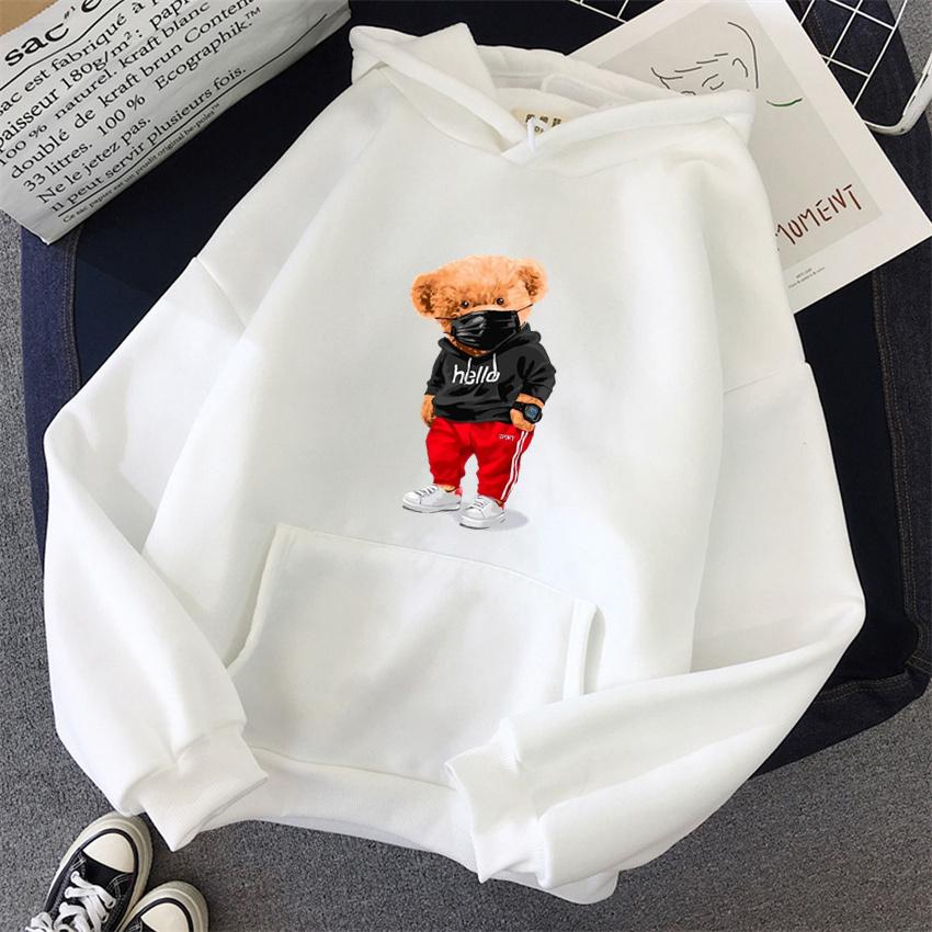 Hip Hop Women Hoodies cartoon Bear Print Fleece  Autumn Woman Casual Pullover Harajuku Streetwear Male Hoody Clothes Tops Unisex